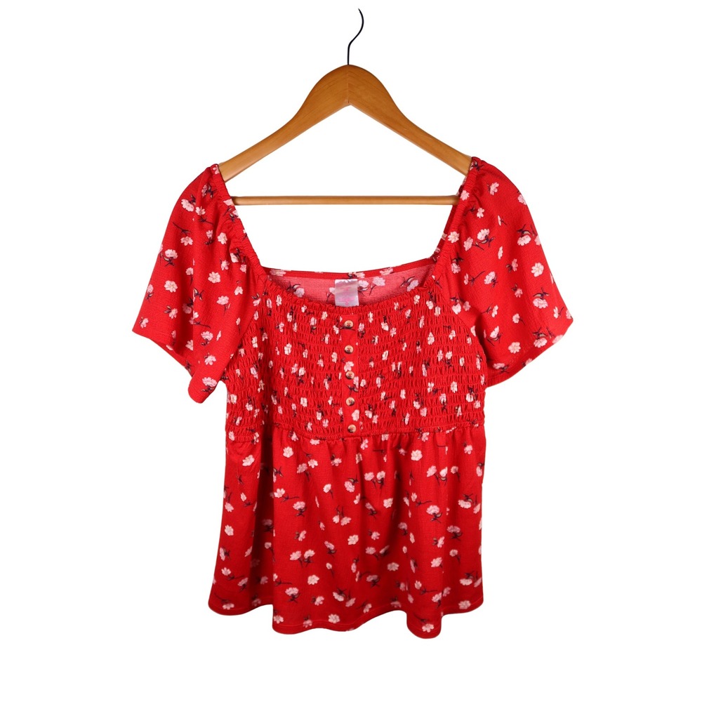 No Boundaries Red Floral Smocked Babydoll Top Short Sleeve Size XXL
